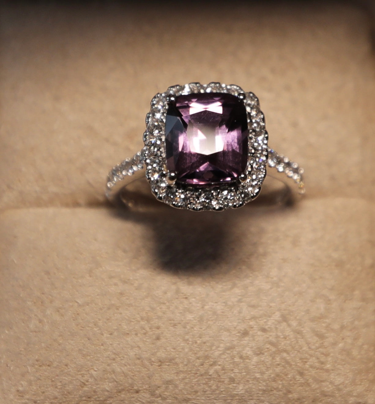 Purple Spinel Cushion-Cut Halo Ring