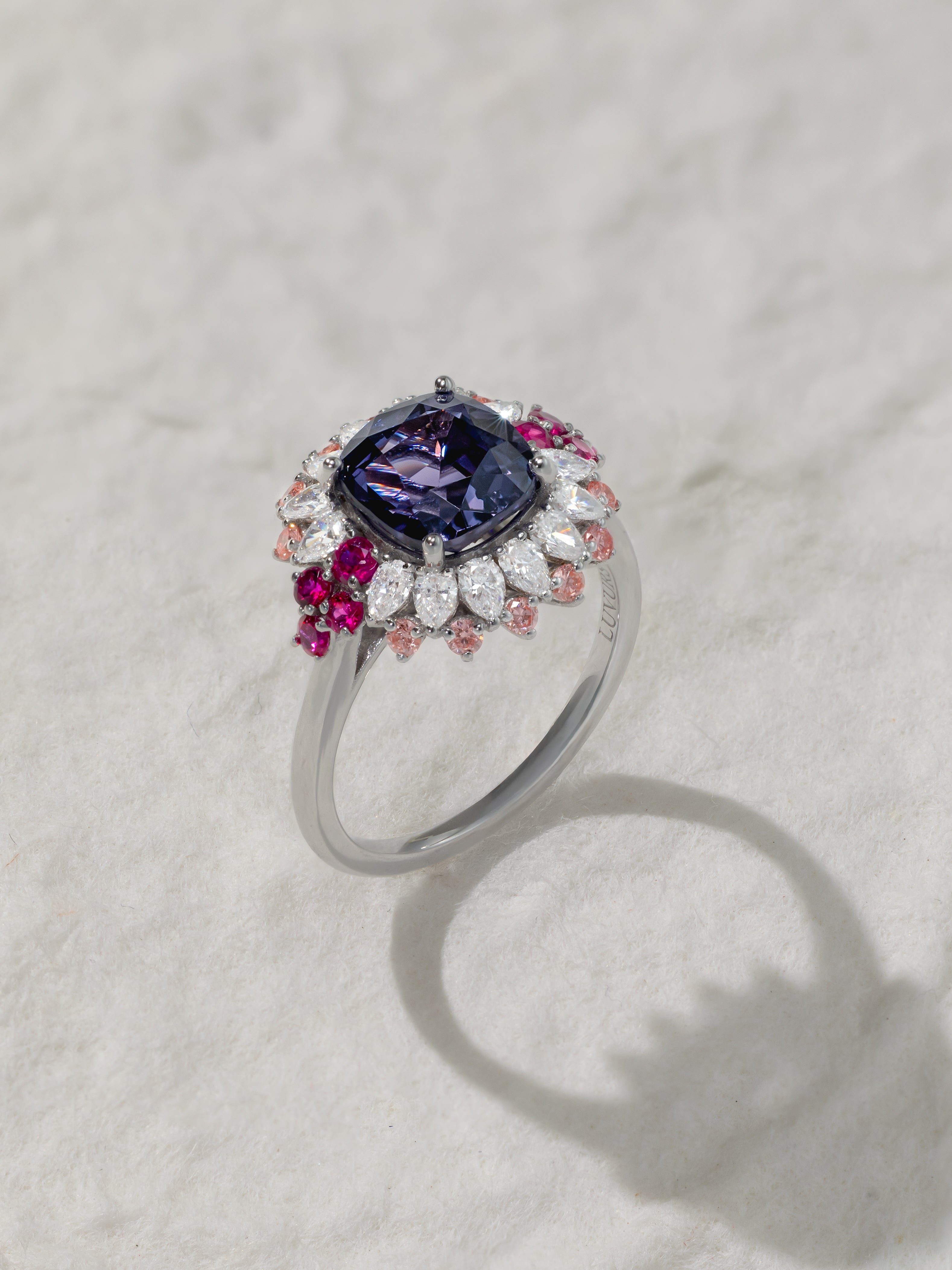 Cushion-Cut Violet Spinel Floral Halo Ring