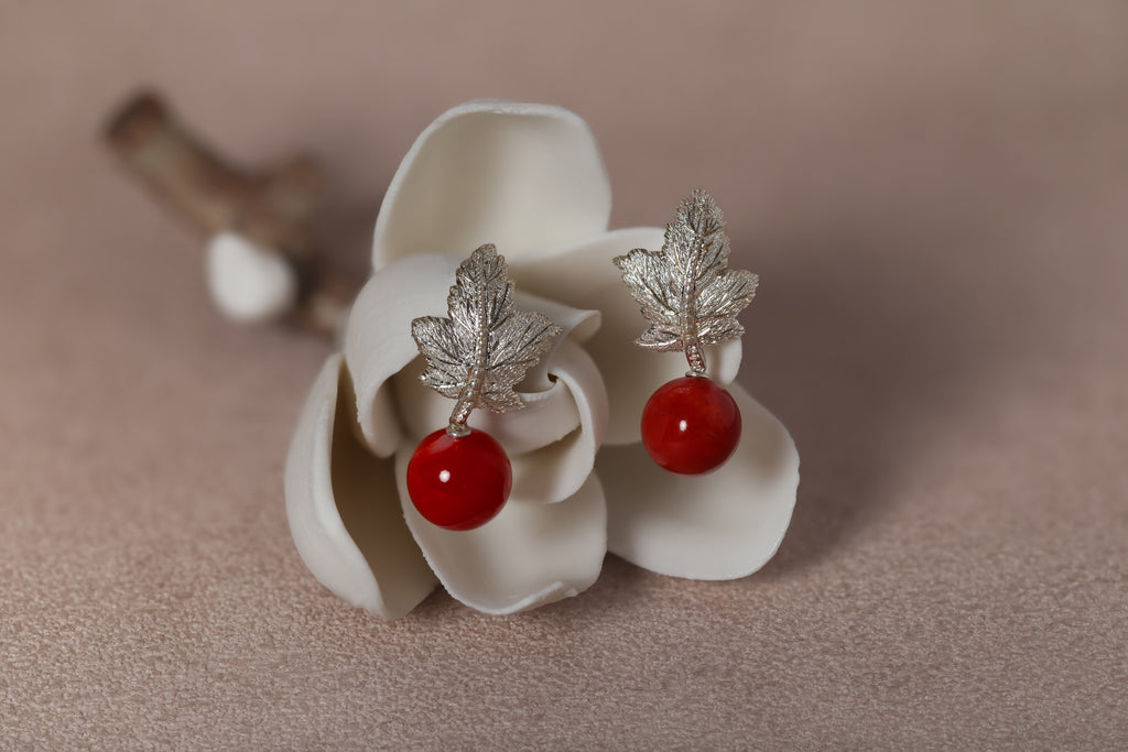 Precious Coral Hand-Engraved Leaf Earrings