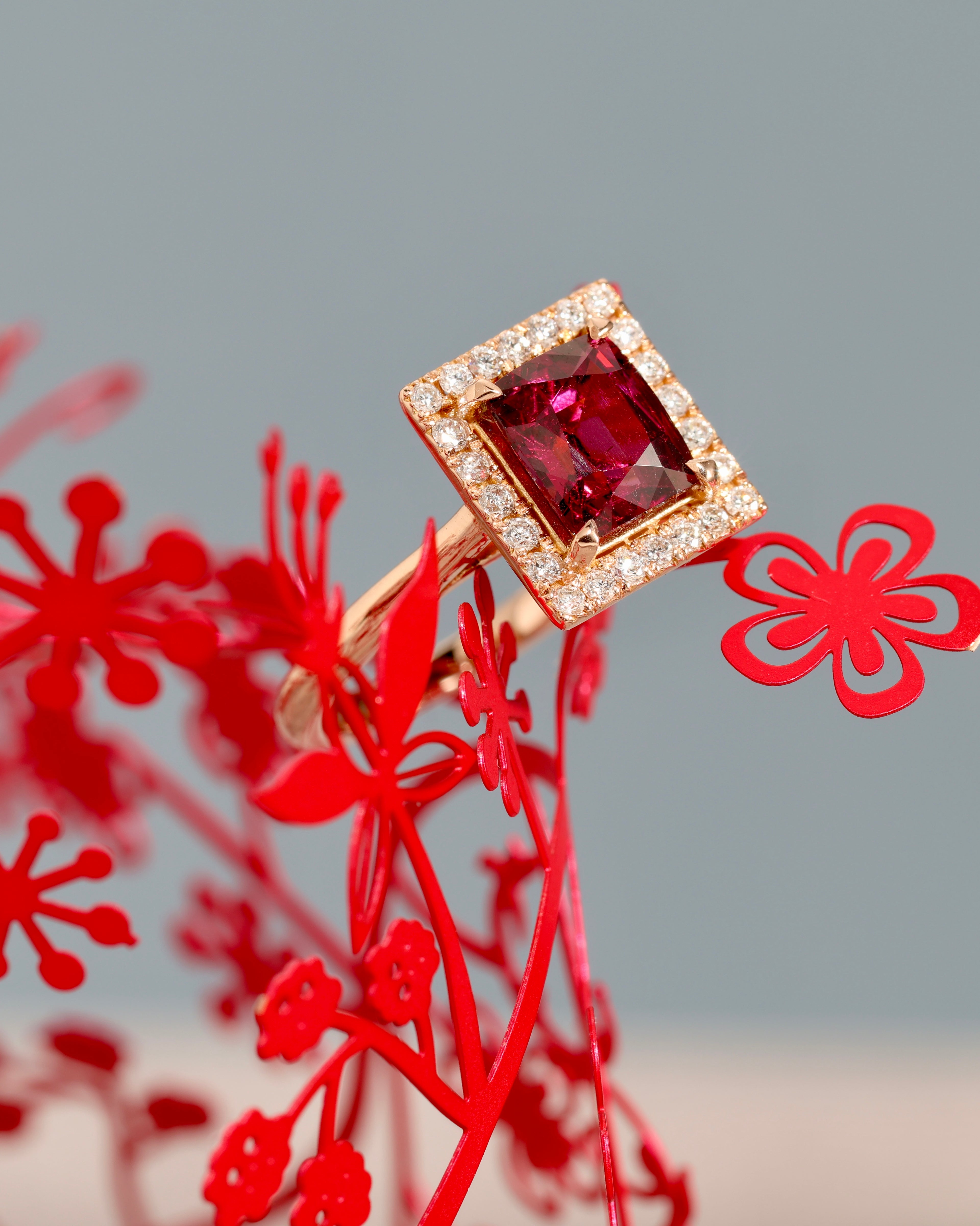 AURORA One-of-a-Kind Garnet Princess Cut Halo Ring