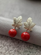 Precious Coral Hand-Engraved Leaf Earrings