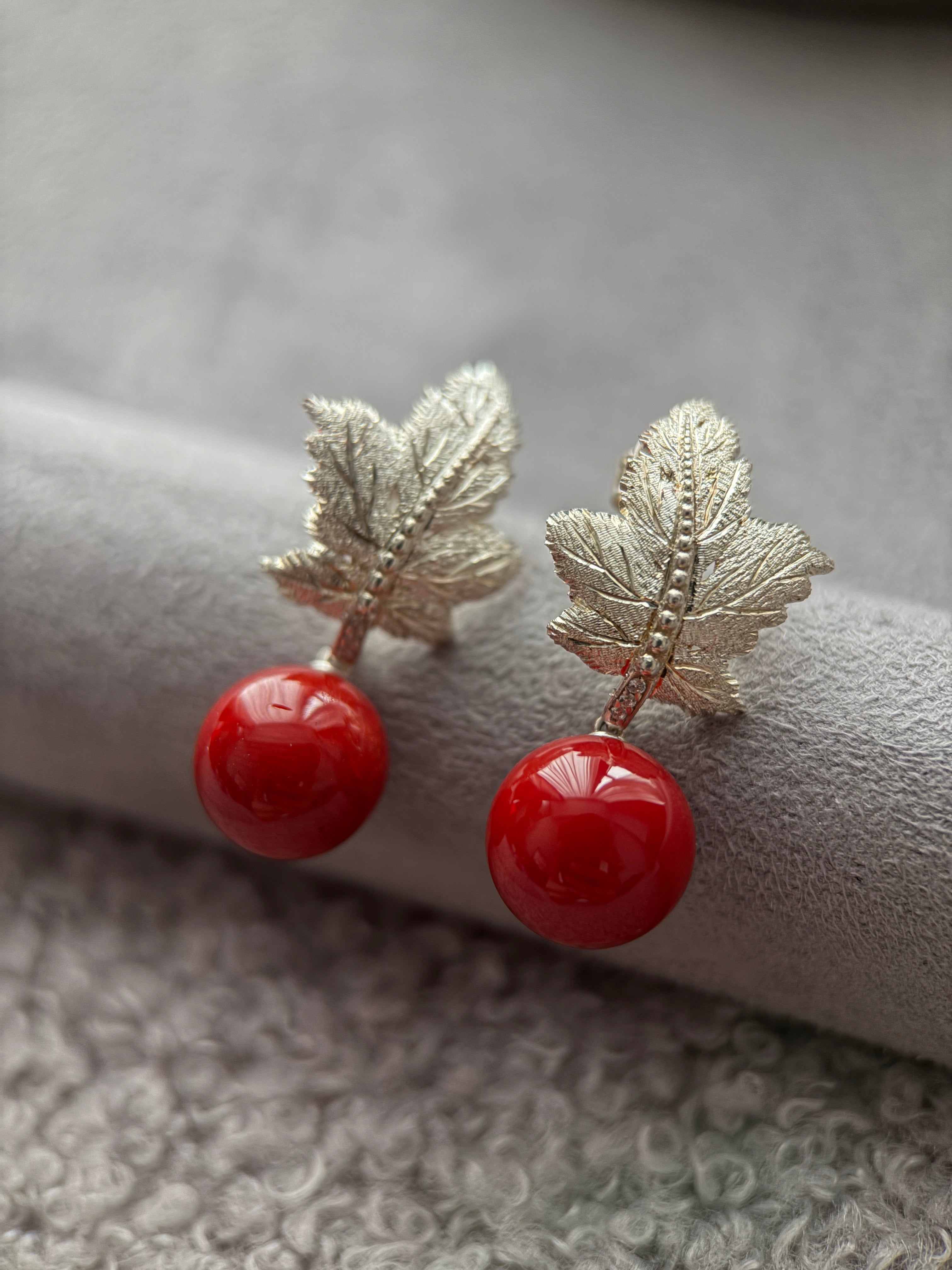 Precious Coral Hand-Engraved Leaf Earrings