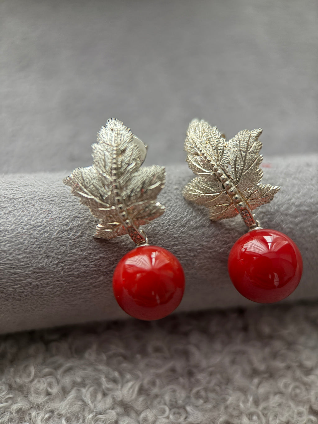 Precious Coral Hand-Engraved Leaf Earrings
